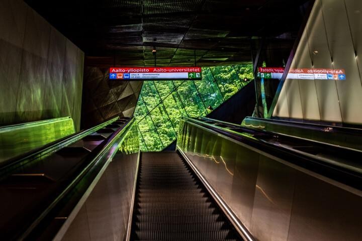 Metro station escalator in Helsinki, Finland.