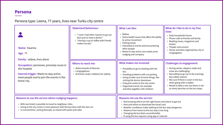 A persona canvas that presents an older person's information, motivations, and barriers to using local buses.