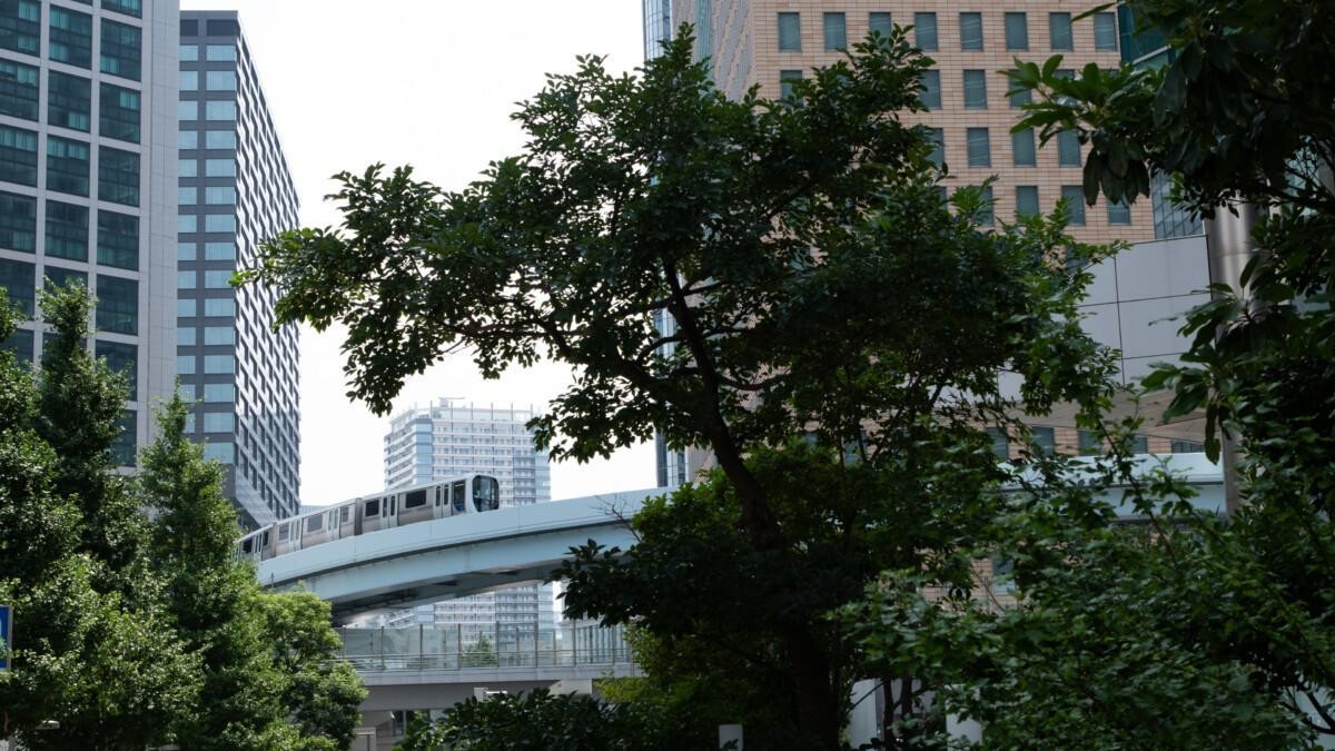 Public transportation in a big city, train moving in trails.