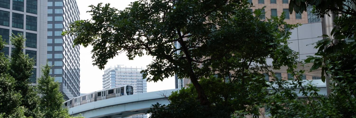 Public transportation in a big city, train moving in trails.