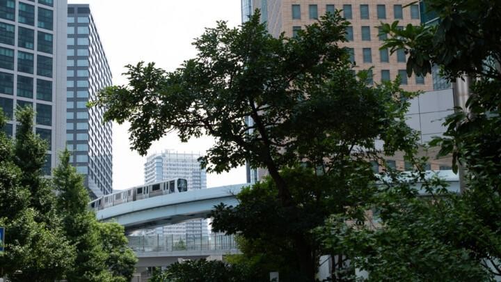 Public transportation in a big city, train moving in trails.