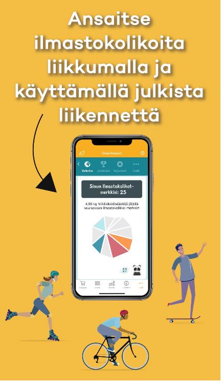 Ansaitse ilmastokolikoita liikkumalla ja käyttämällä julkista liikennettä. Kuva sovelluksen käyttöliittymästä.
