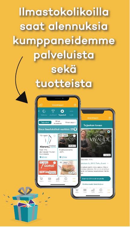 Ilmastokolikoilla saat alennuksia kumppaneidemme palveluista sekä tuotteista. Kuvia sovelluksen käyttöliittymästä.
