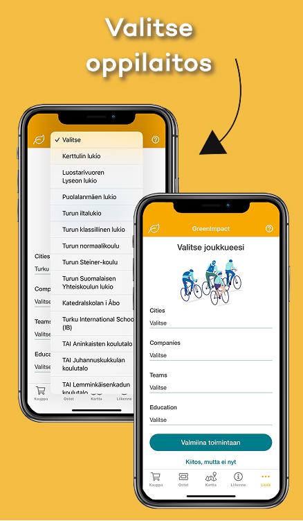 Valitse oppilaitos. Kuvia käyttöliittymästä jossa koulujen lista ja joukkueen valinta.